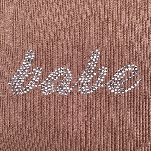 Light Brown Cropped Baby Tee Lettuce Trim Rhinestone Babe Size L Ribbed Y2K - Picture 3 of 12